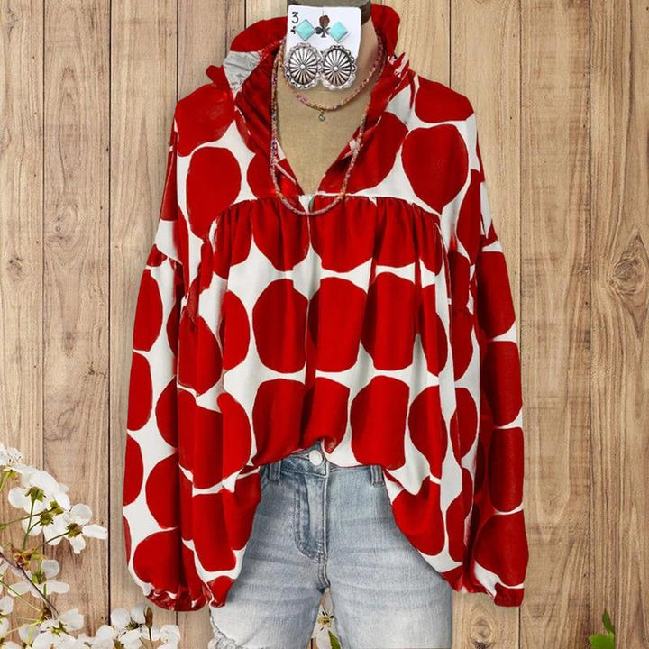 Blusa Elegante de V Escote con Estampado de Puntos Rojos Fiona – Top de Manga Farol