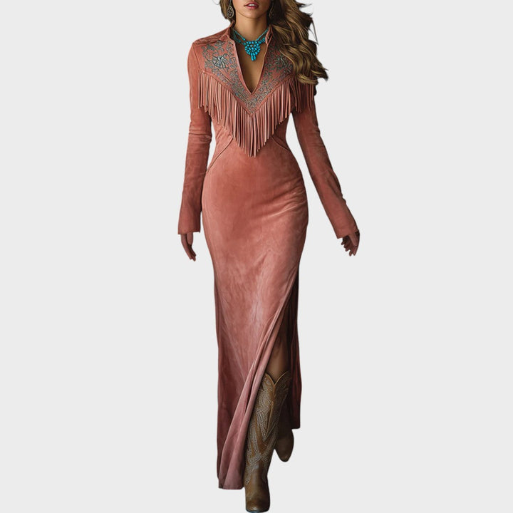 Otilia | Vestido Largo de Ante con Flecos