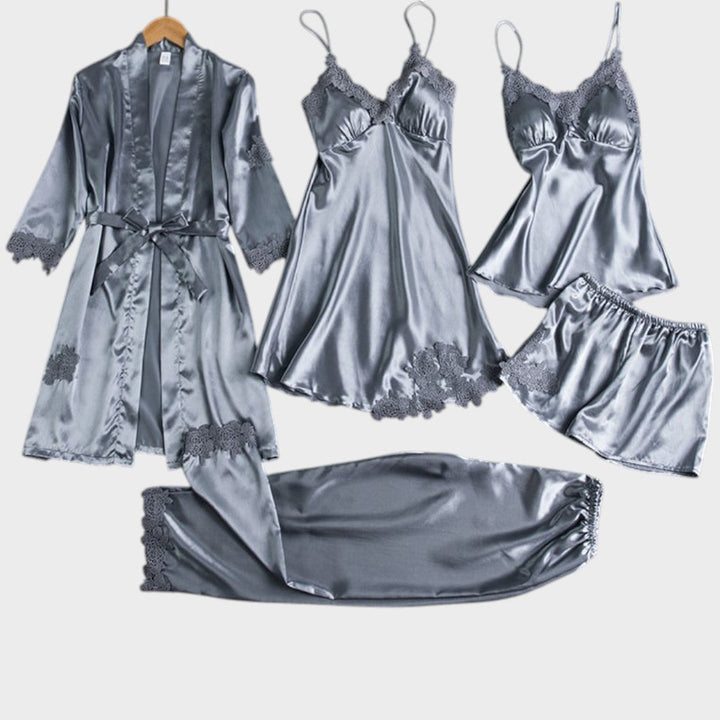 Rebecca | Conjunto de Pijama de 5 Piezas de Encaje Satinado