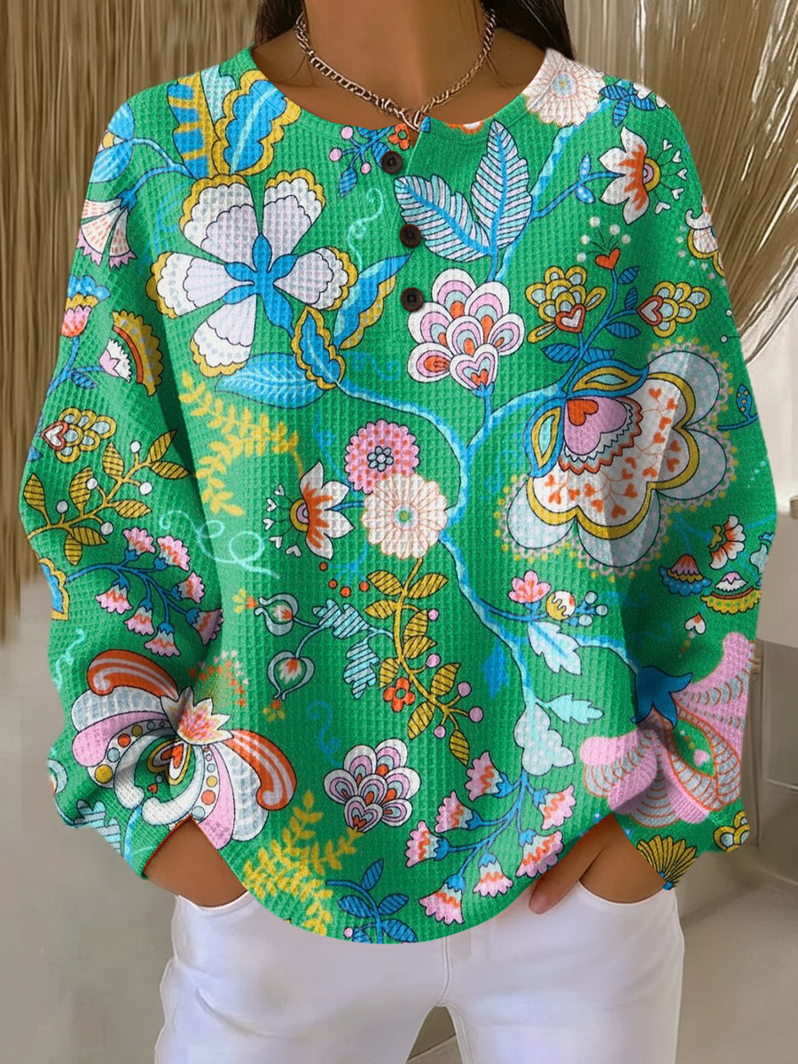 Natalia | Suéter con Botones y Estampado Floral Étnico