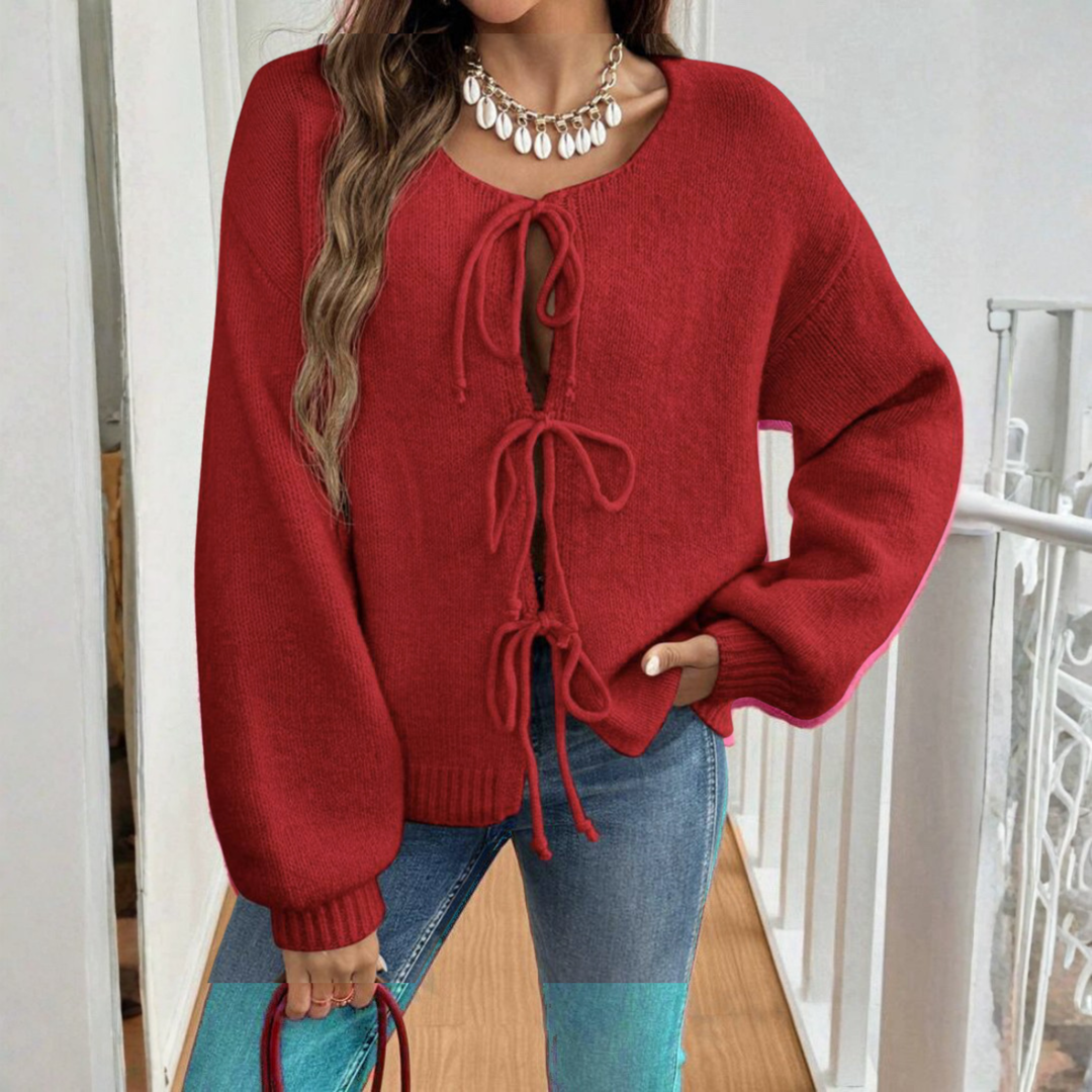 Adrienne | Cárdigan Chic de Manga Larga con Cuello Redondo y Lazo Frontal