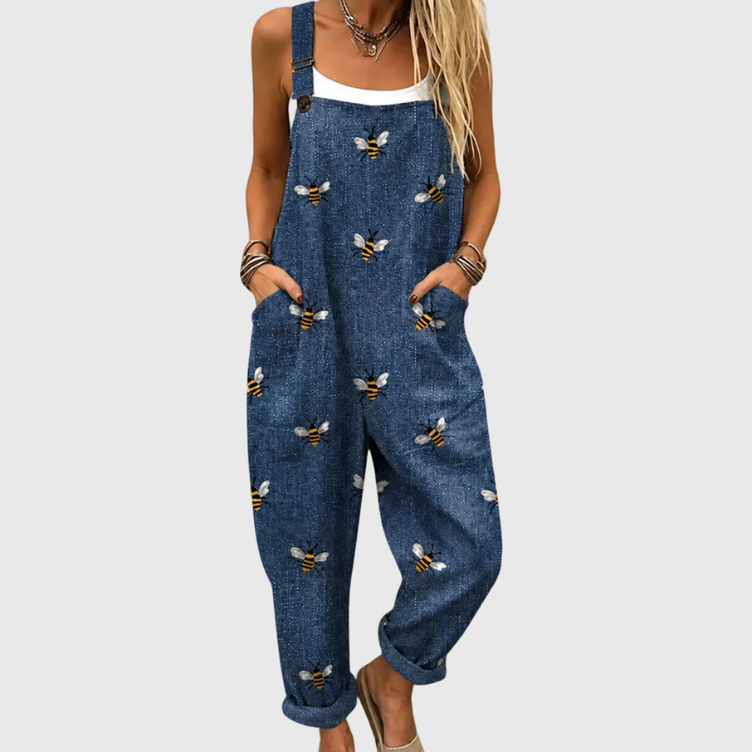 Charlotte | Pantalón de tirantes con grandes abejas en azul vaquero