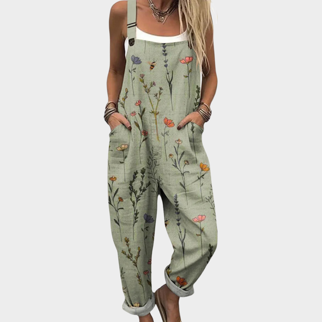 Frieda | Pantalón de tirantes verde salvia con ramas de flores y abejas