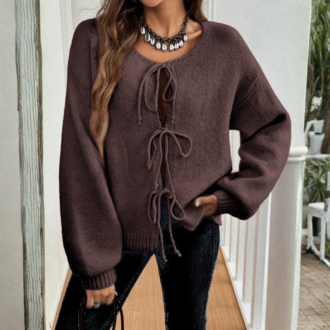 Adrienne | Cárdigan Chic de Manga Larga con Cuello Redondo y Lazo Frontal