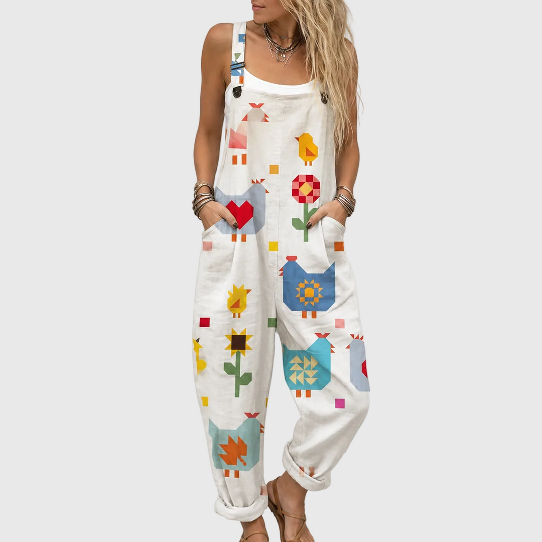 Lisbeth | Pantalones de tirantes con gallinas de patchwork crema