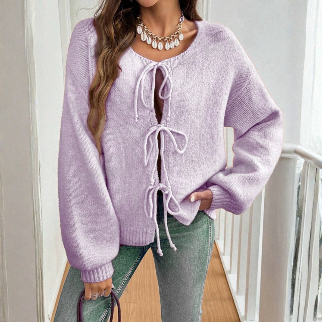 Adrienne | Cárdigan Chic de Manga Larga con Cuello Redondo y Lazo Frontal
