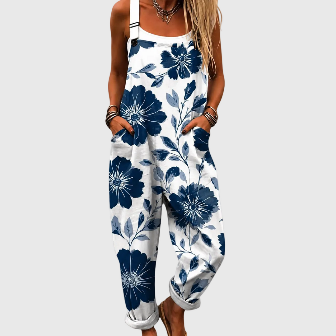 Franziska | Pantalón de tirantes blanco con flores azules