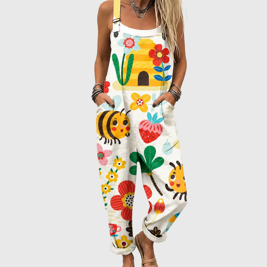 Smilla | Pantalón de tirantes con abejas y flores Blanco