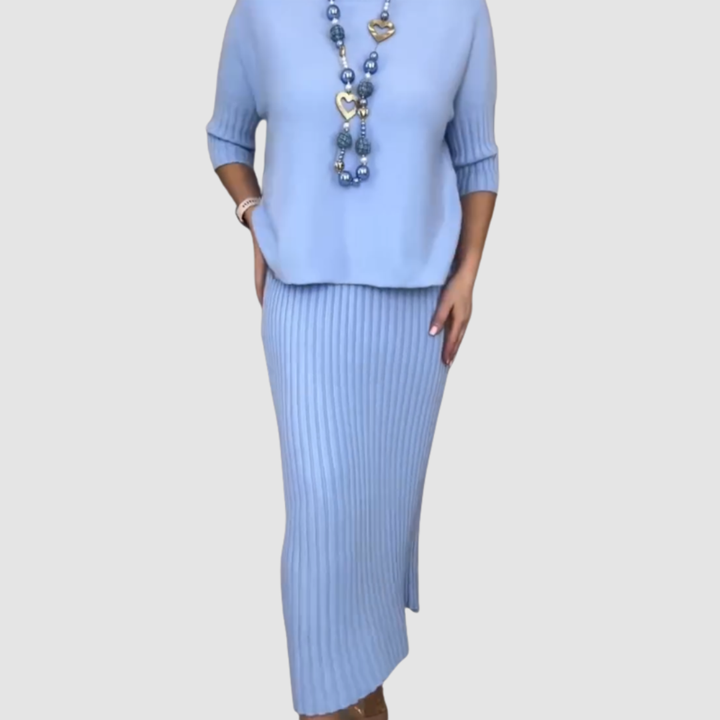 Delyssa | Conjunto Elegante de 2 Piezas – Top Relajado y Falda Midi Acanalada