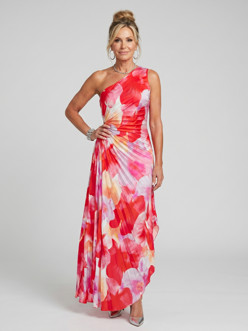 Nadia | Vestido Midi de Un Hombro Plisado