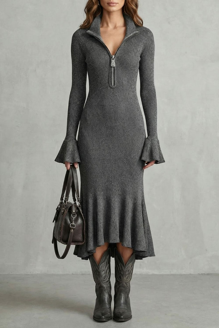Sabrina | Vestido Midi con Cremallera y Puños Acampanados