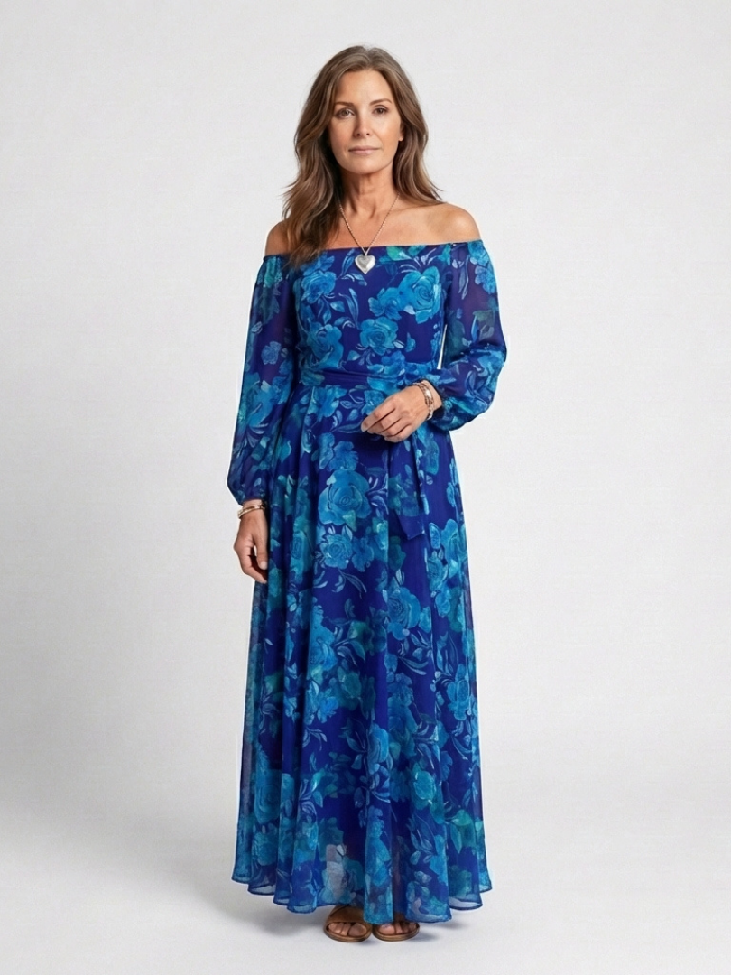 Angélica | Vestido Maxi Floral con Hombros Descubiertos