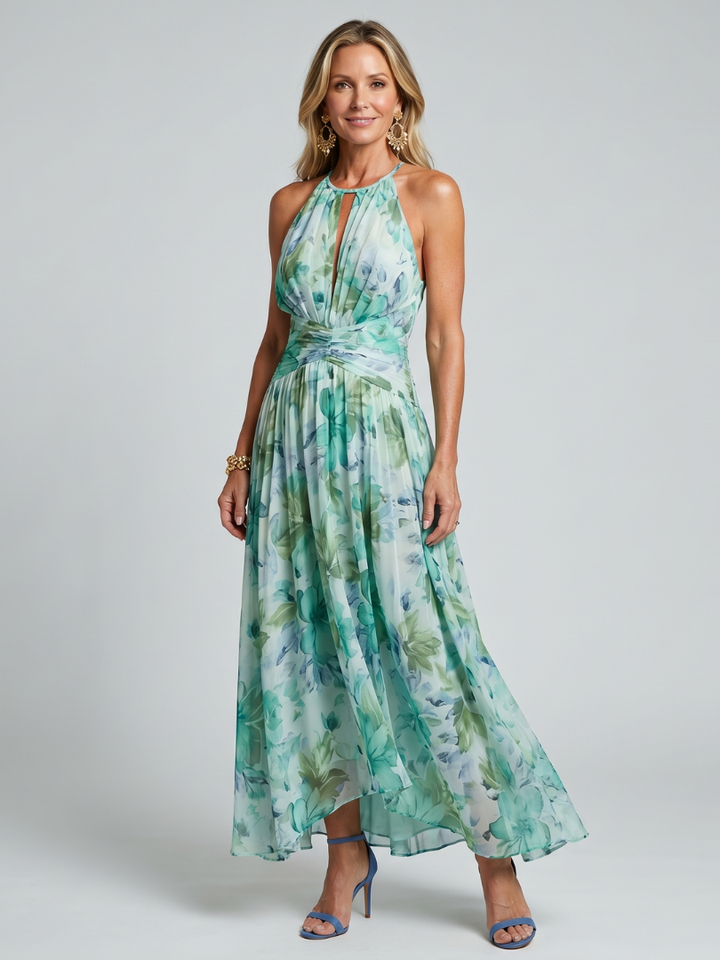 Luana | Vestido Midi Halter Plisado Floral