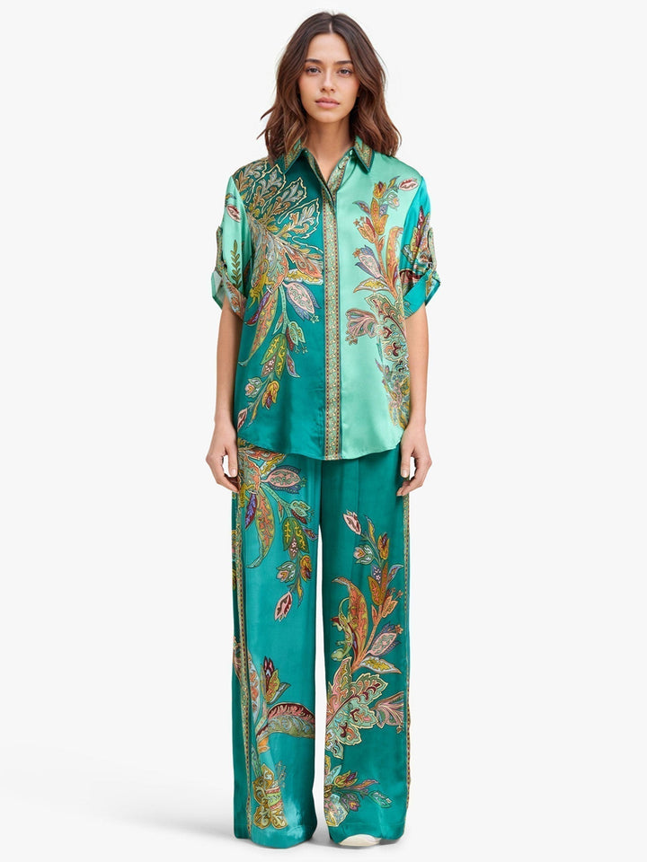 Eliza | Conjunto Elegante de Dos Piezas – Camisa con Estampado Paisley y Pantalones de Pierna Ancha
