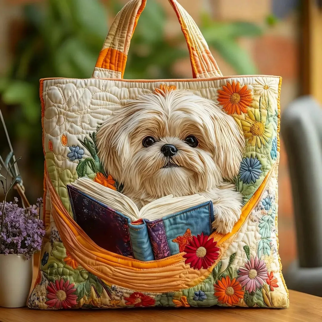 Cartera Artesanal | Shih Tzu con Libros y Flores