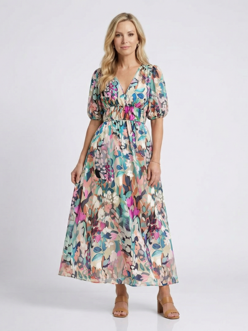 Gina | Vestido Midi con Escote en V y Fruncido en Cintura