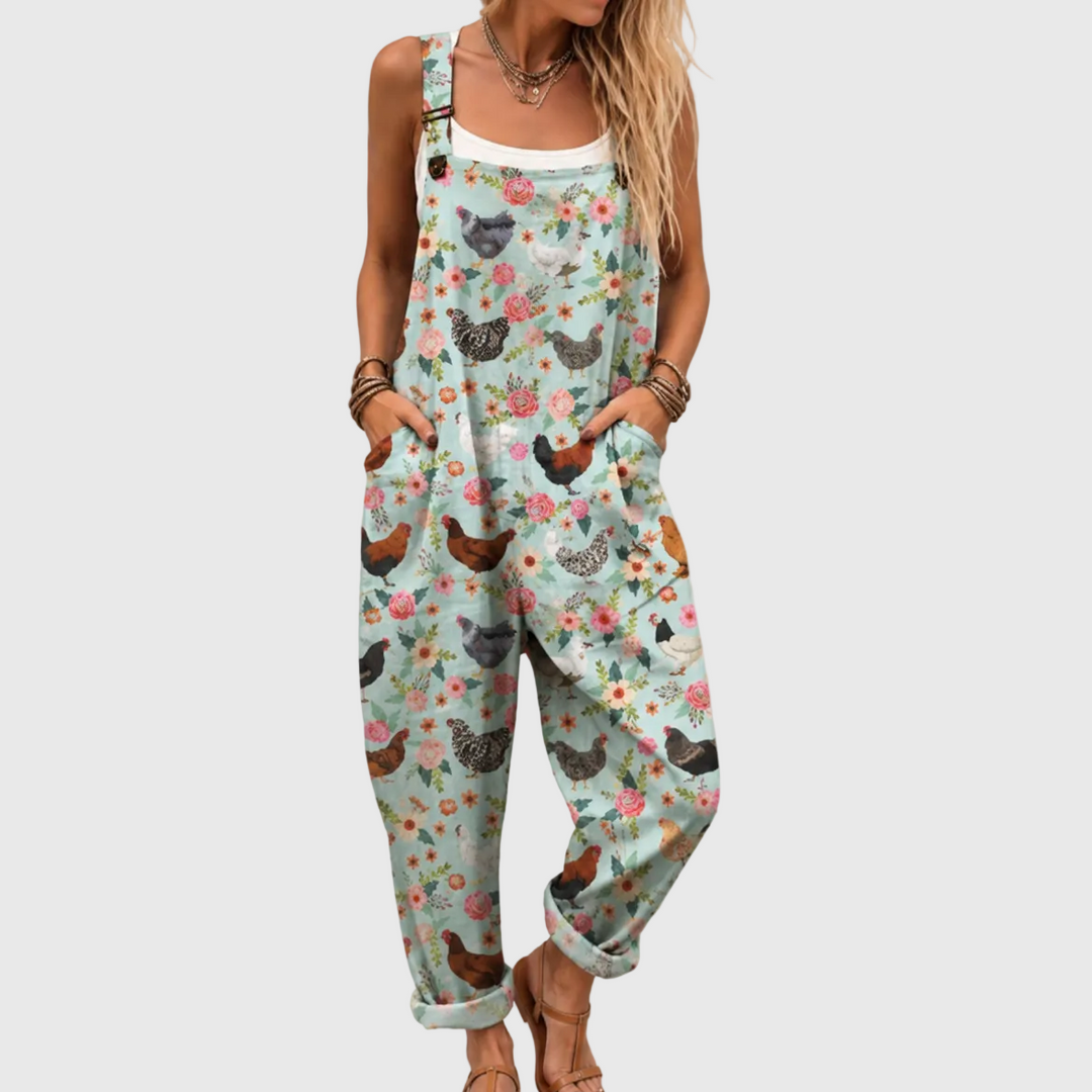 Emma | Pantalón de tirantes verde menta con gallinas y rosas