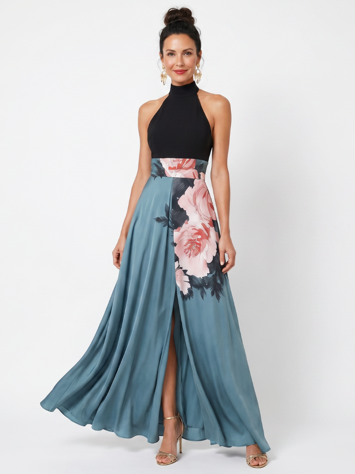 Cecilia | Vestido Largo Halter con Falda Floral