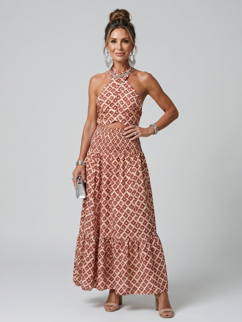 Pilar | Vestido Midi Halter con Estampado Geométrico
