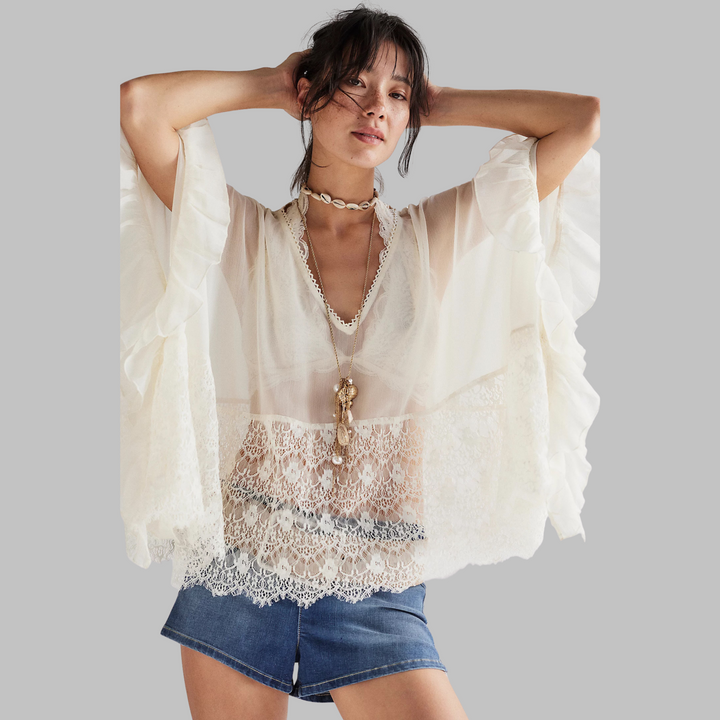 Leona Elegante Top Cubierta de Manga Murciélago con Escote en V – Top Elegante para el Día a Día