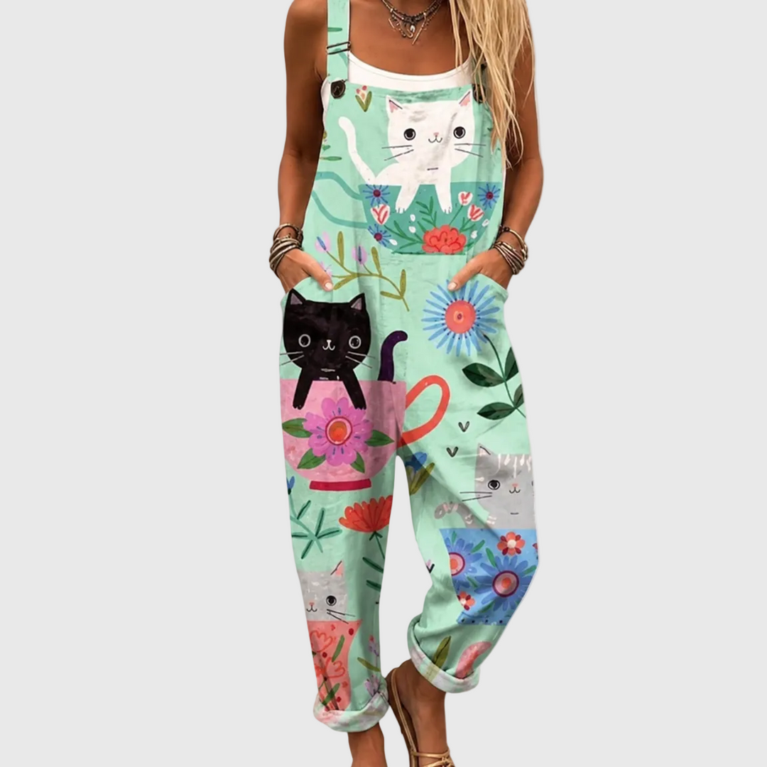 Rosa | Pantalón de tirantes verde menta con gatos