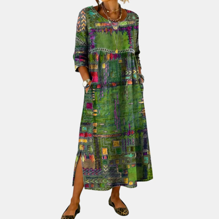 Vanesa | Vestido Midi de Denim con Patchwork Étnico
