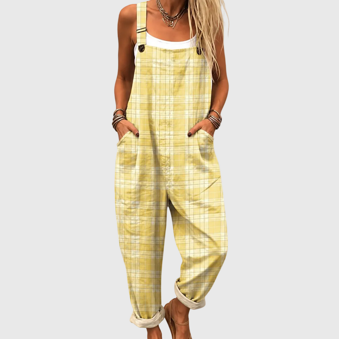 Christiane | Pantalón de tirantes amarillo suave con patrón de cuadros