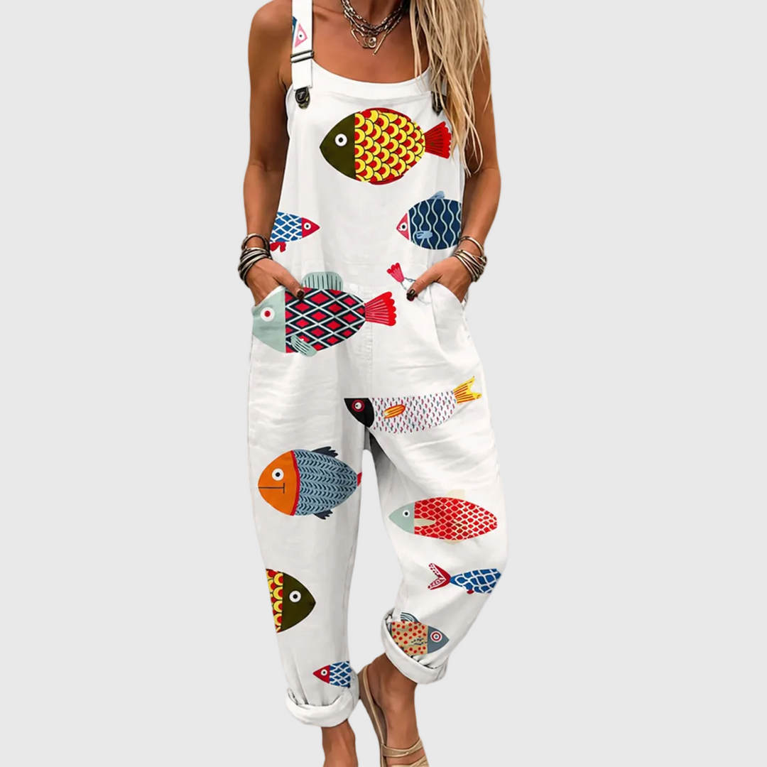 Silke | Pantalón de tirantes con peces retro coloridos