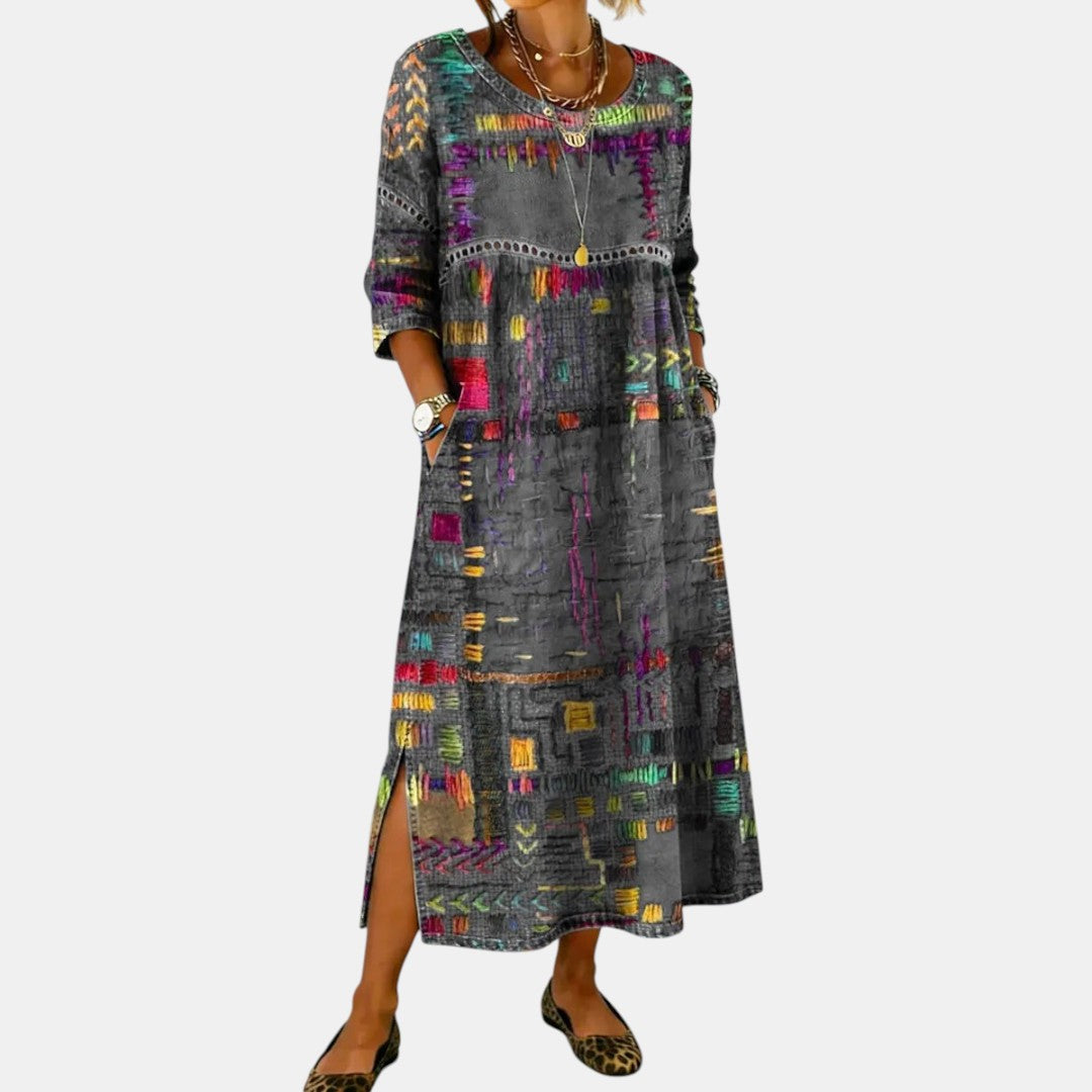 Vanesa | Vestido Midi de Denim con Patchwork Étnico