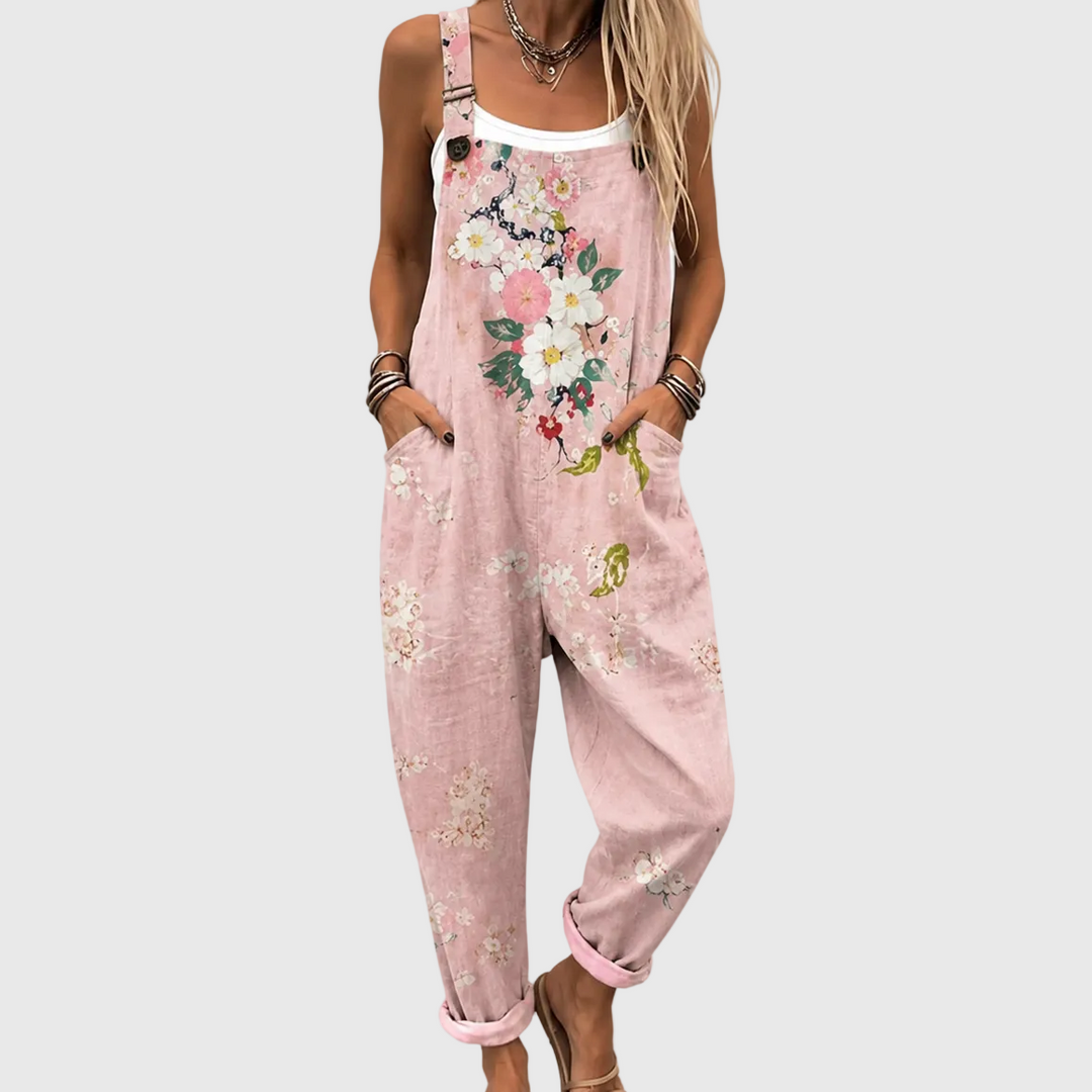 Theresa | Pantalón de tirantes rosa suave con flores de cerezo
