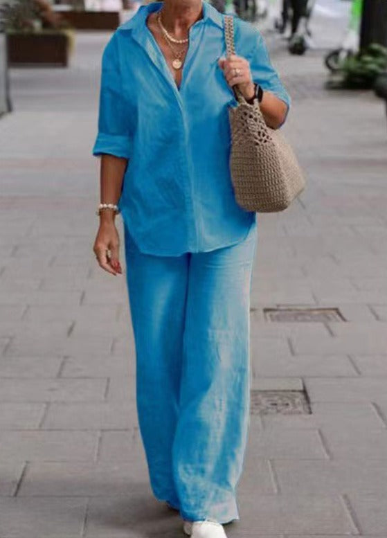 Denice | Conjunto Casual Elegante de Dos Piezas – Top Abotonado Relajado y Pantalones de Pierna Ancha