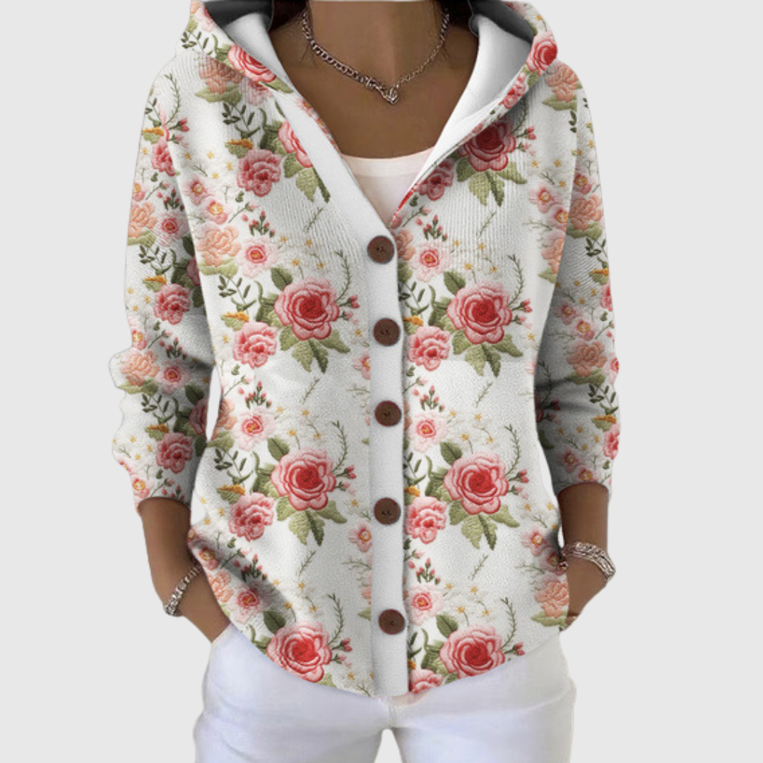 Blanca | Cárdigan con Capucha Rosas Elegantes