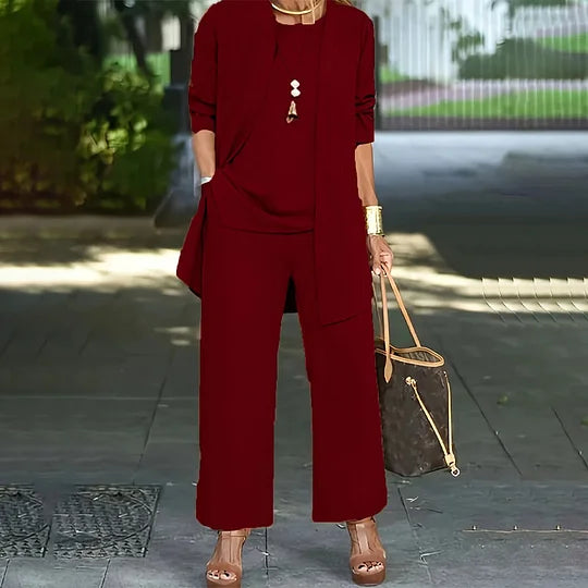 Conjunto Casual Elegante de Tres Piezas Laney – Top Coordinado, Cárdigan y Pantalones de Pierna Ancha