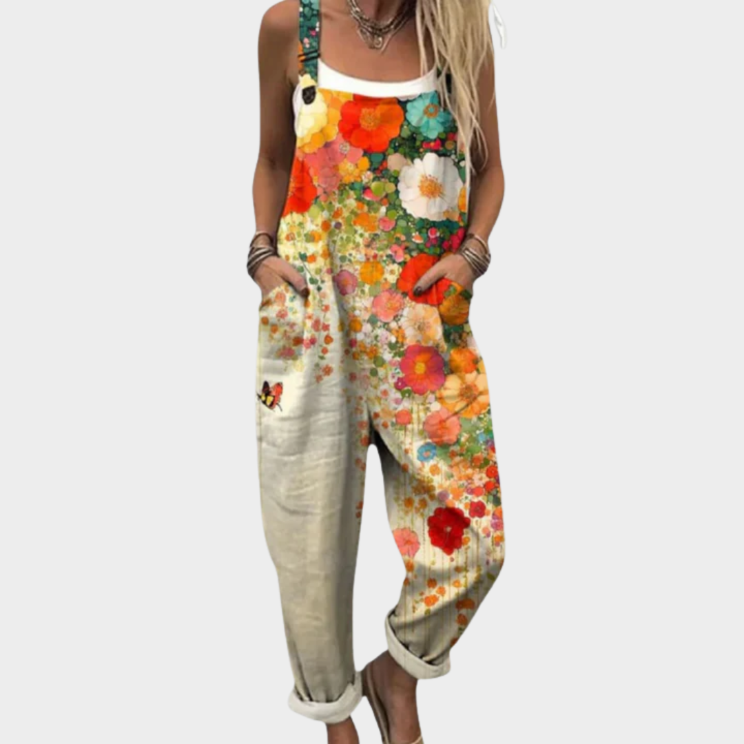 Marlene | Pantalón de tirantes beige con cascada de flores