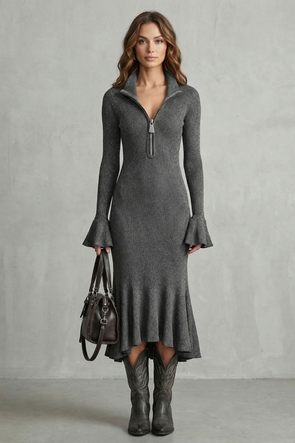 Sabrina | Vestido Midi con Cremallera y Puños Acampanados