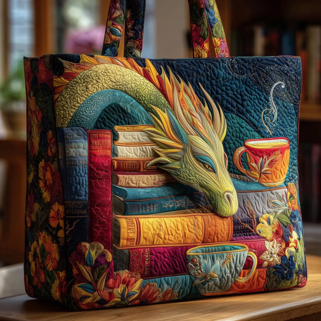 Cartera Artesanal | Dragón Lector con Libros y Tazas