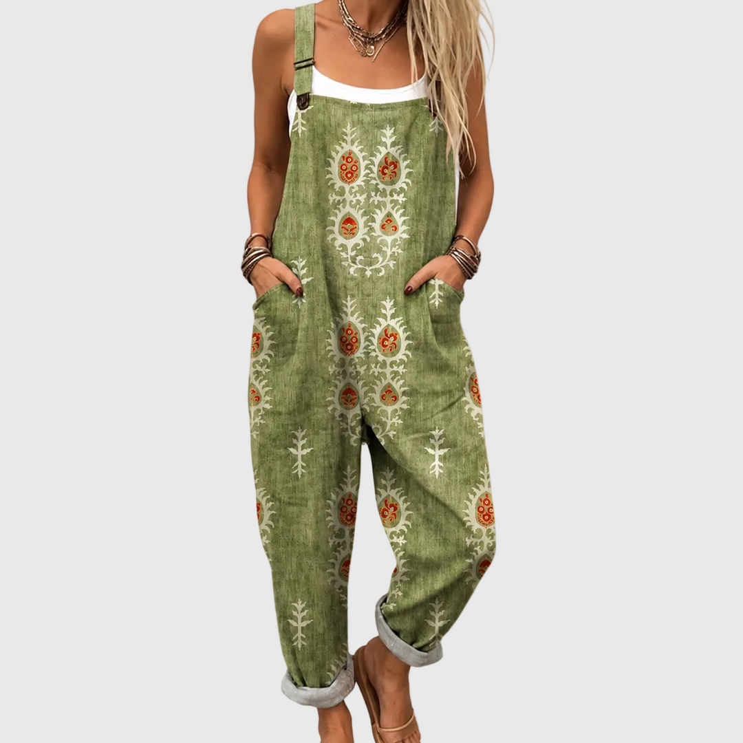 Femke | Pantalón de tirantes verde olivo con patrón folclórico