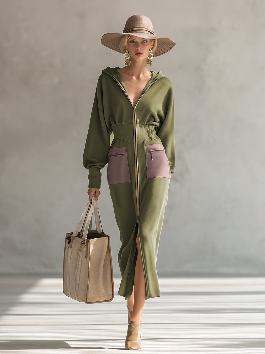 Linda | Vestido Maxi Verde Oliva con Cremallera