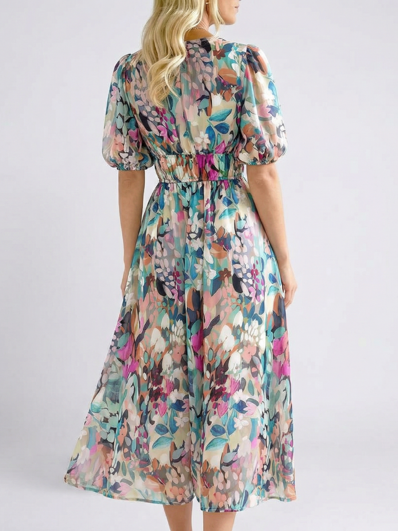 Gina | Vestido Midi con Escote en V y Fruncido en Cintura