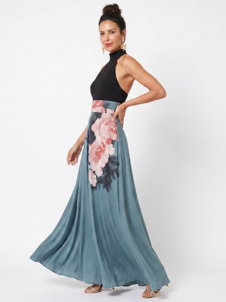 Cecilia | Vestido Largo Halter con Falda Floral