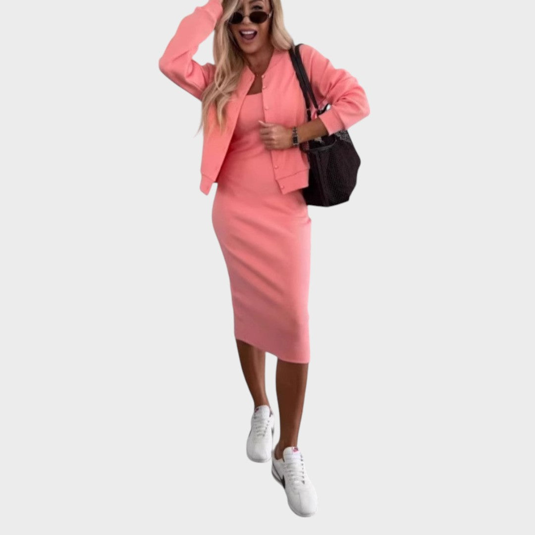 Rosaura | Conjunto de Vestido Midi y Campera Bomber de Canalé