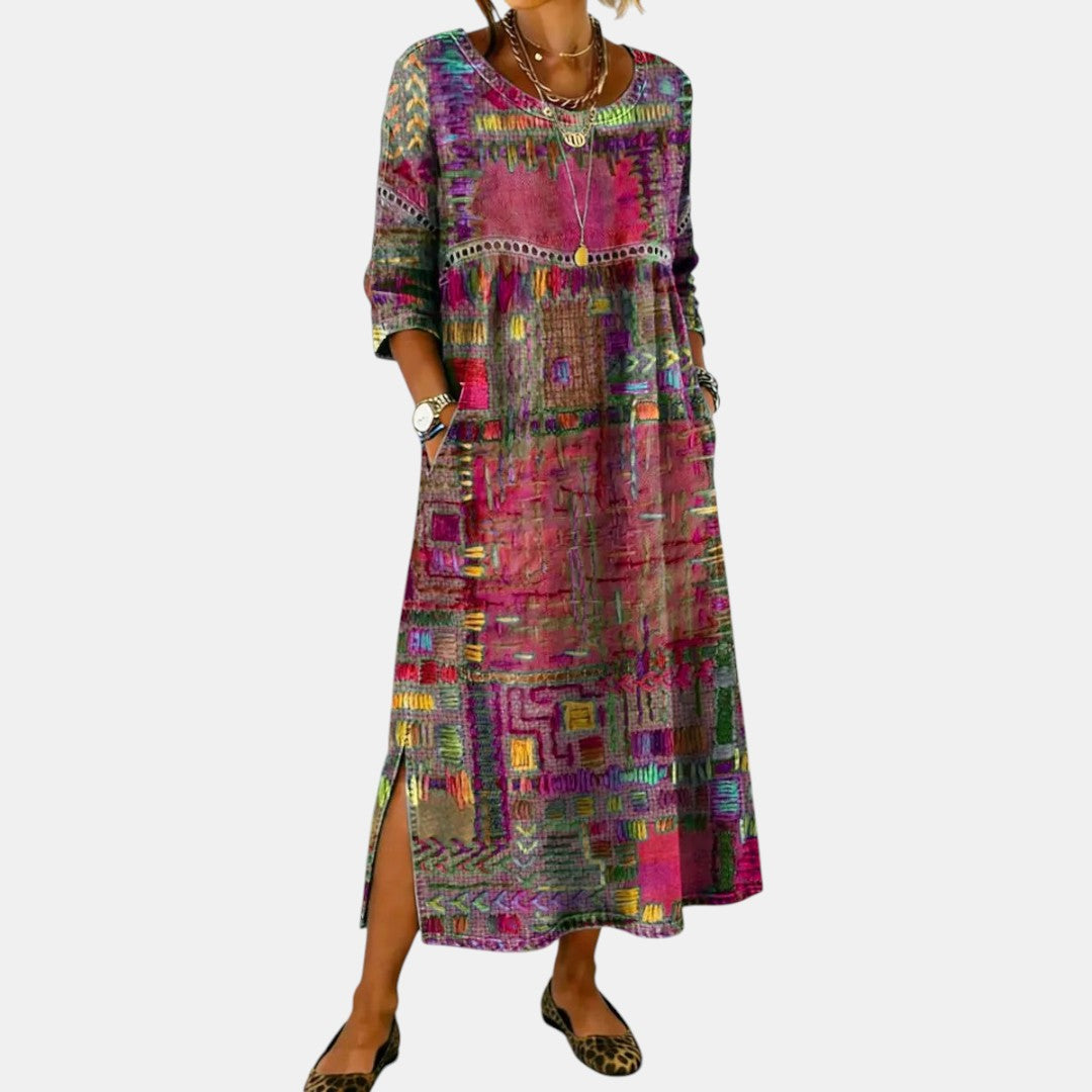Vanesa | Vestido Midi de Denim con Patchwork Étnico