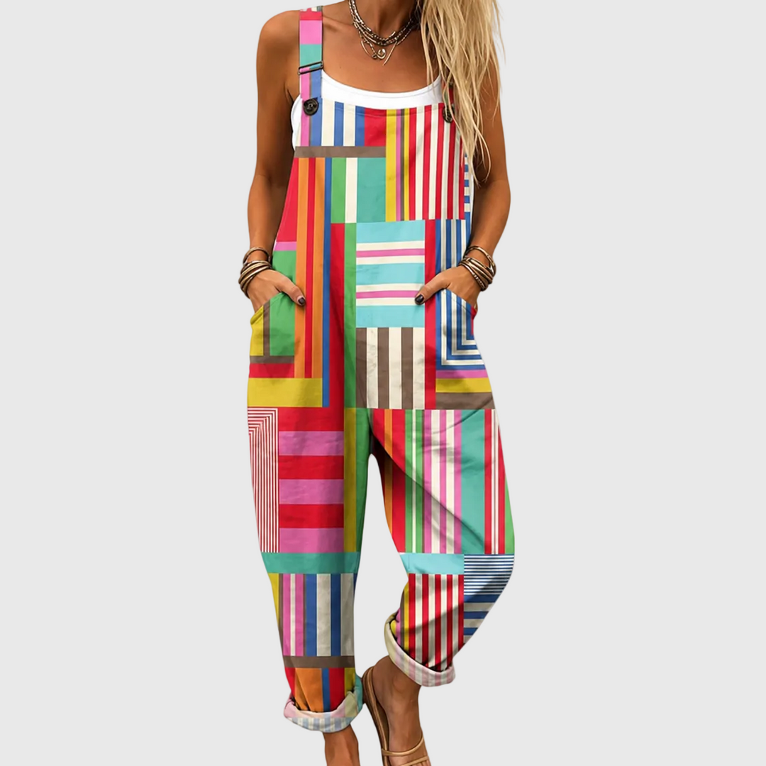 Swantje | Pantalón de tirantes colorido con patchwork de rayas