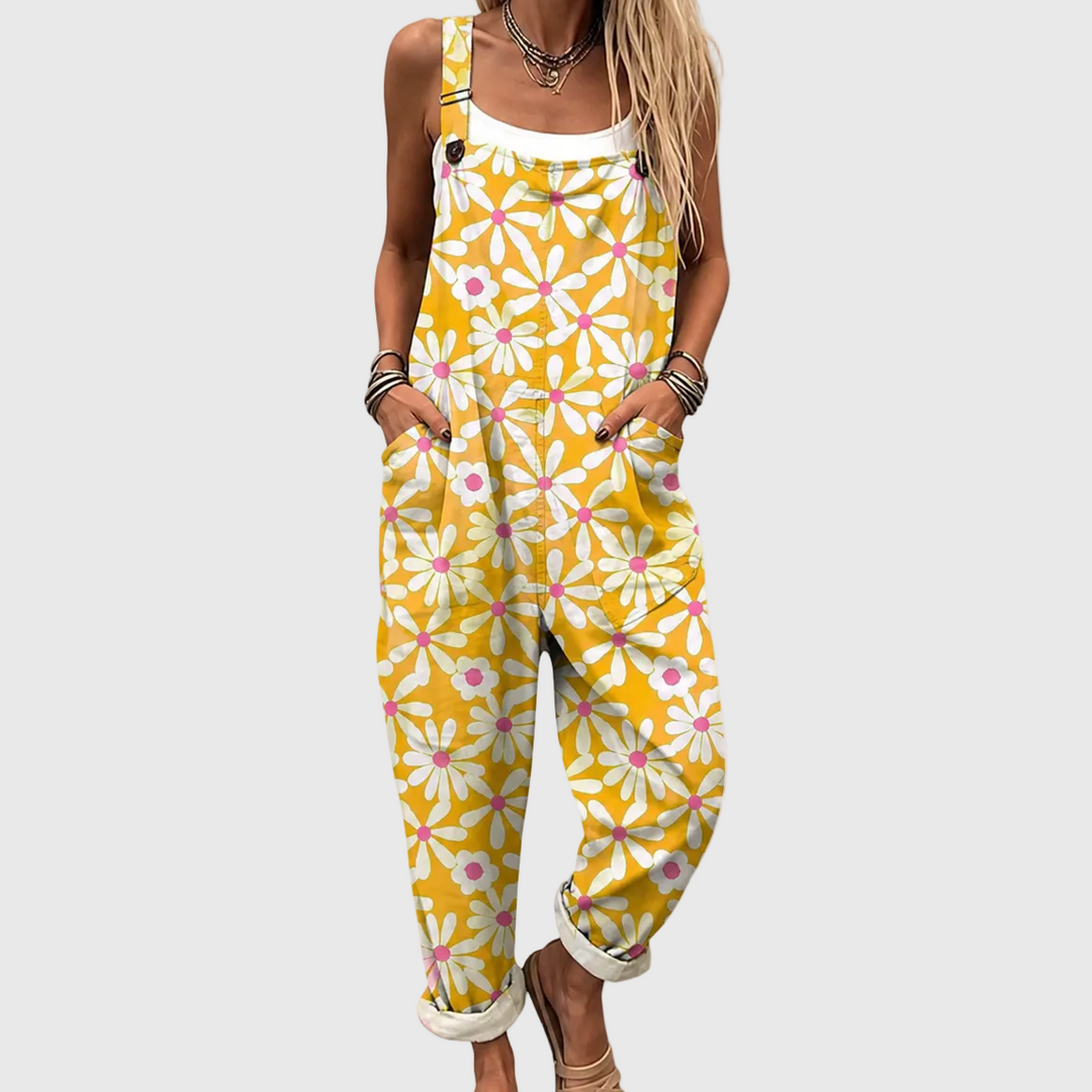 Ottilie | Pantalón de tirantes amarillo lleno de margaritas