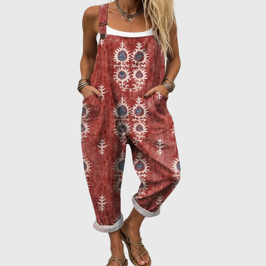 Judith | Pantalón de tirantes en color óxido con ornamentos Boho