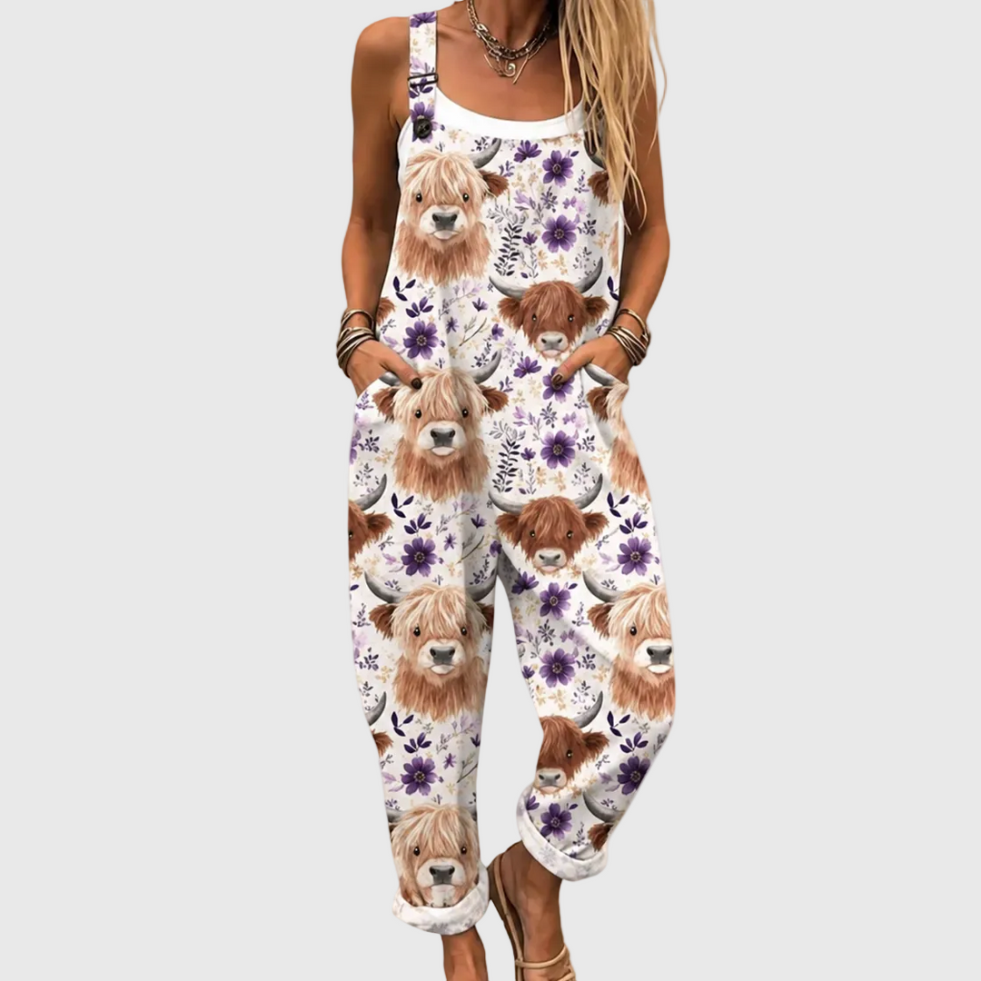 Dagmar | Pantalón de tirantes blanco con vacas de montaña