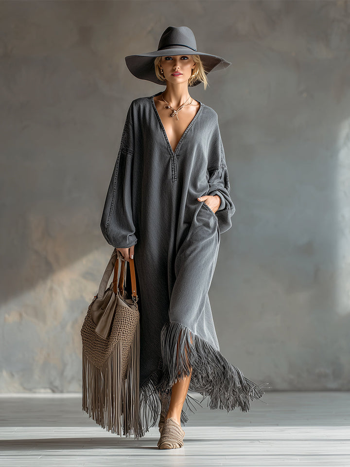 Martha | Vestido Maxi de Denim con Borlas