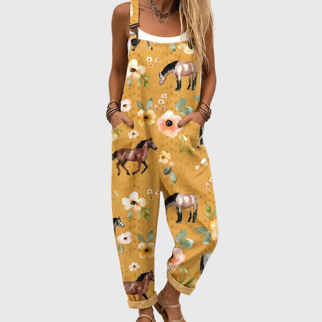 Rebekka | Pantalón de tirantes mostaza con caballos