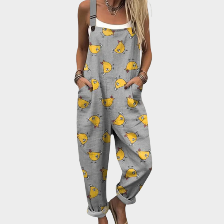 Heike | Pantalón de tirantes verde con gallinas garabateadas