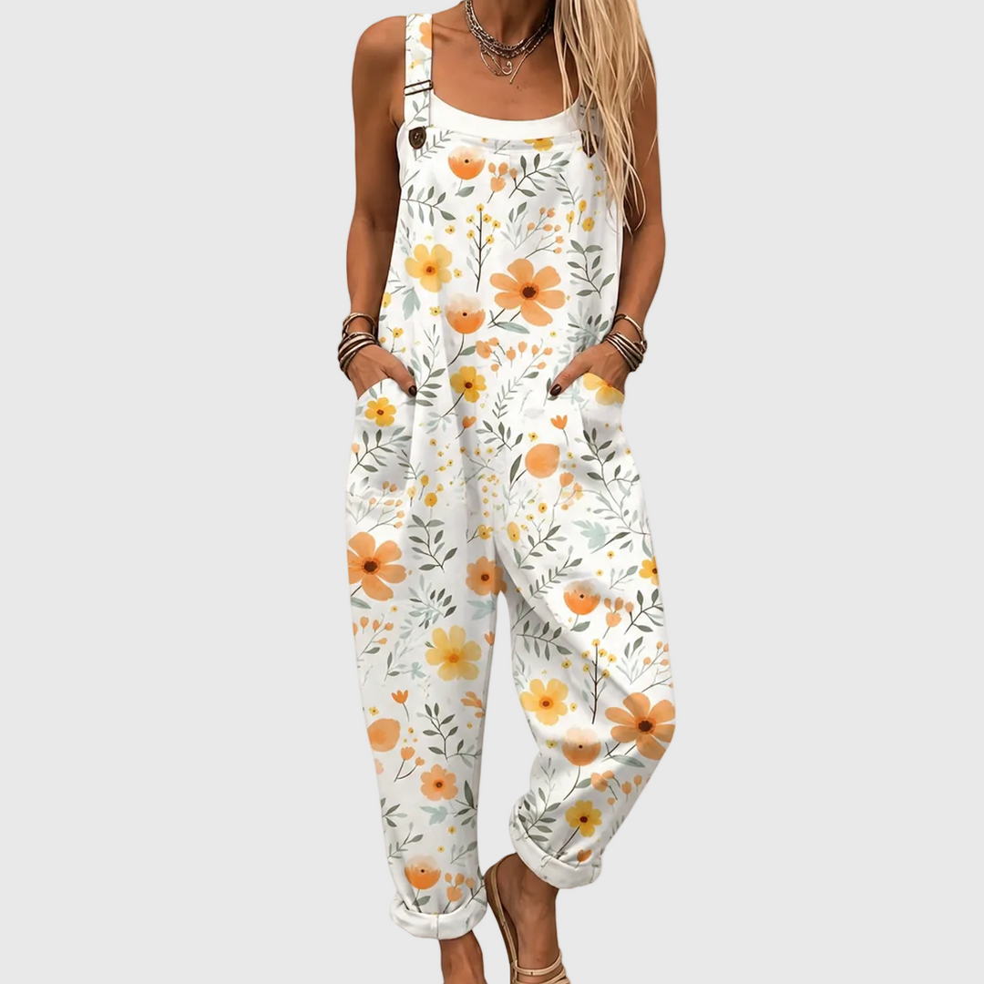 Maren | Pantalón de tirantes blanco con flores acuareladas